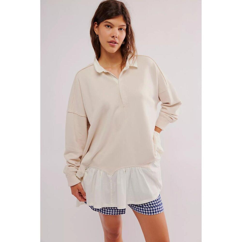 Free People Olivia Sweatshirt Top Collared Oversized Soft Cotton M NWT 273852